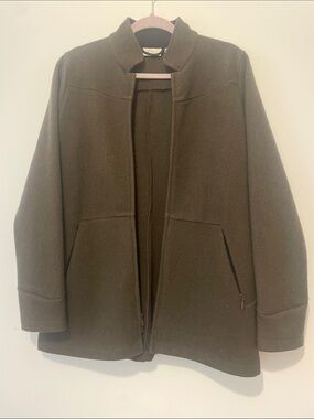 ibex Brown/Olive Green 100% wool coat with Stand Collar